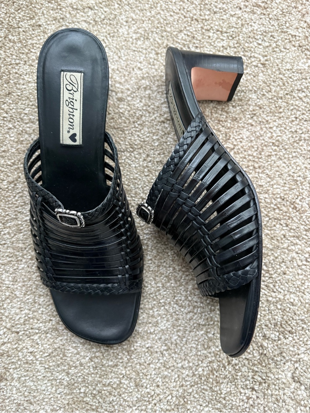 Brighton Black Strappy Slip on Kitten Heels Peep Toe Sandals Size 9M Classic
